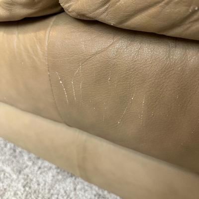 LOT 29B: Tan Leather Sofa w/ Throw Pillows