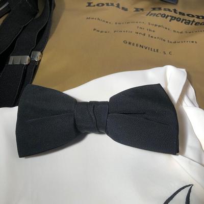 LOT 62B: Vintage Tuxedo Accessories - Swank & Krementz Cufflinks, Bowties, Suspenders, J Monogrammed Handkerchief, Cummerbund & Garment Bag