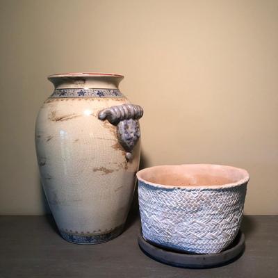 LOT 89D: Anthropologie Planter Basket & Ceramic Urn Vase