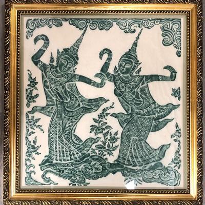 Vintage Thai Temple Rubbing Green dancers