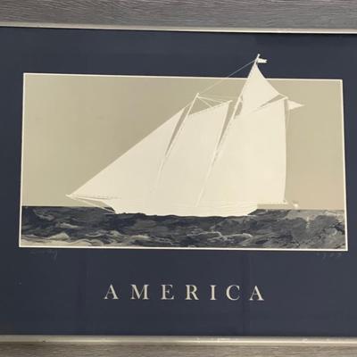 Original Signed Wooley America Schooner 1987 collage oil painting and lithograph