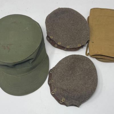 WII German Military hat, two German canteen covers and a Roll Pouch