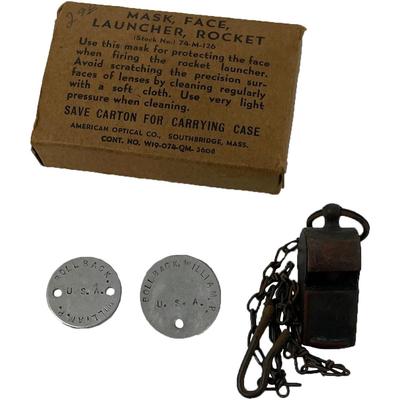 WWII BAZOOKA ROCKET LAUNCHER FACE MASK/ DOG TAGS/TRENCH WHISTLE
