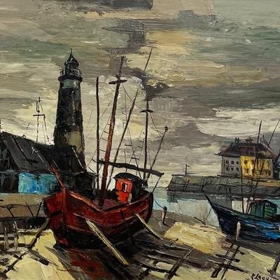 Signed Boat Harbour Oil Painting