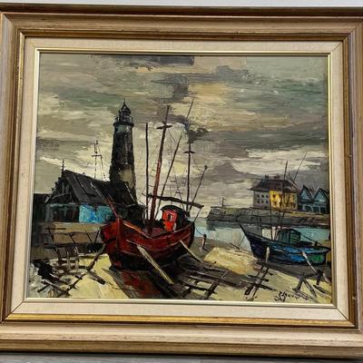 Signed Boat Harbour Oil Painting