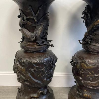 Twin 20th Century Japanese Bronze Dragon Vase