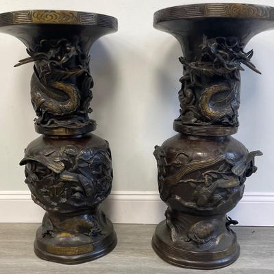 Twin 20th Century Japanese Bronze Dragon Vase