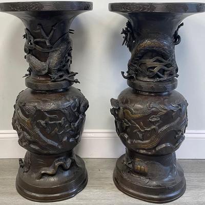 Twin 20th Century Japanese Bronze Dragon Vase
