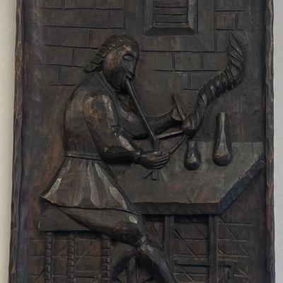 Vintage Folk Art Carved plaque 3D Medieval scribe