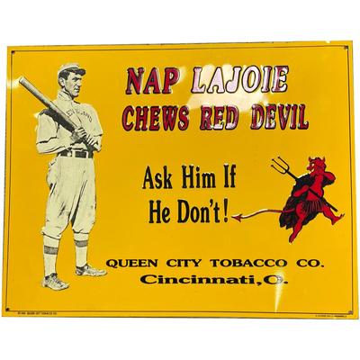 Np Lajoie Chew Red Devil Tobacco Advertising Sign