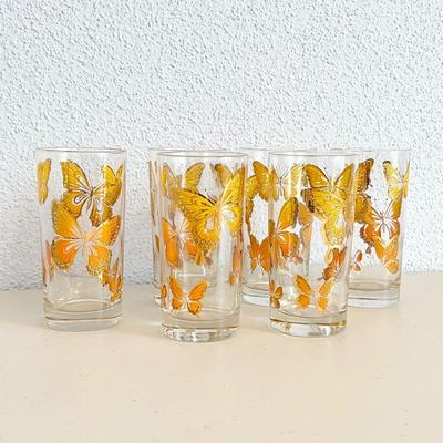 Six (6) MCM Gold Embossed Butterfly Glasses ~ Excellent