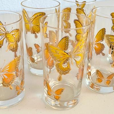 Six (6) MCM Gold Embossed Butterfly Glasses ~ Excellent