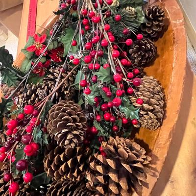 Primitive wood bowl with Christmas greenery