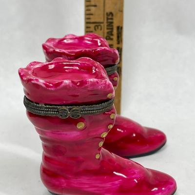 Vintage Pair of Hot Pink Trinket Boxes in the shape of Victorian Style Boots