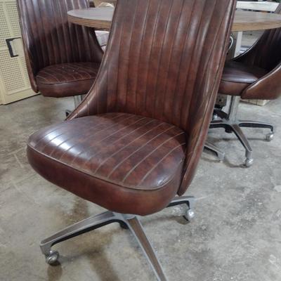 Vintage Mid-Century Laminate Wood Grain Finish Table with Four Rolling Chairs