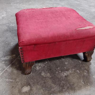 Vintage Upholstered Hassock- Wooden Feet and Tack Accents