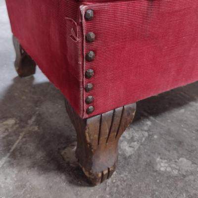 Vintage Upholstered Hassock- Wooden Feet and Tack Accents