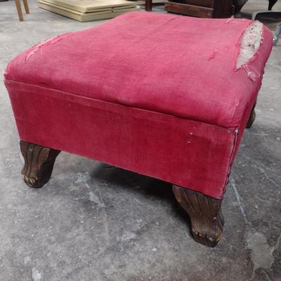 Vintage Upholstered Hassock- Wooden Feet and Tack Accents
