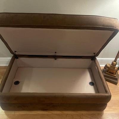 Lazy Boy brown suede storage ottoman. Has rollers for easy movement. 43” wide, 25” deep, 17” high. $75. Excellent condition.