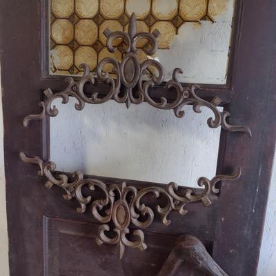 Antique Solid Wood Panel Door with Glass Light and Folk Art Bird and Wrought Iron Accent