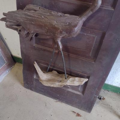 Antique Solid Wood Panel Door with Glass Light and Folk Art Bird and Wrought Iron Accent