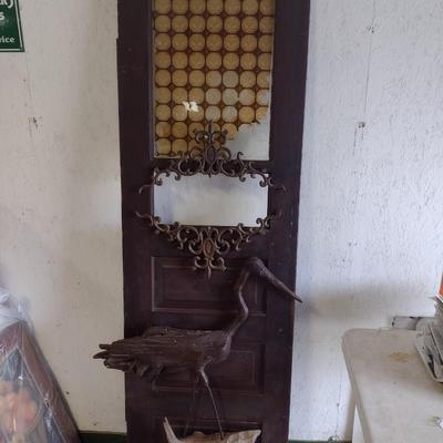 Antique Solid Wood Panel Door with Glass Light and Folk Art Bird and Wrought Iron Accent
