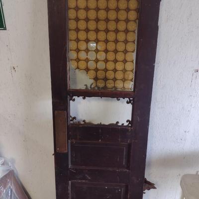 Antique Solid Wood Panel Door with Glass Light and Folk Art Bird and Wrought Iron Accent