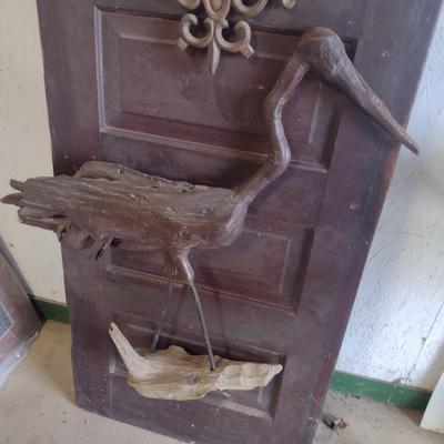 Antique Solid Wood Panel Door with Glass Light and Folk Art Bird and Wrought Iron Accent