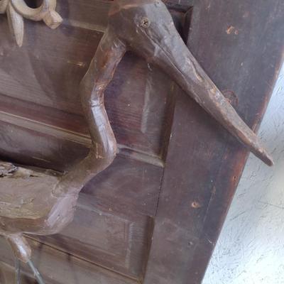 Antique Solid Wood Panel Door with Glass Light and Folk Art Bird and Wrought Iron Accent