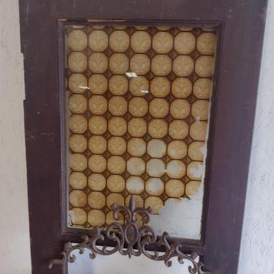 Antique Solid Wood Panel Door with Glass Light and Folk Art Bird and Wrought Iron Accent