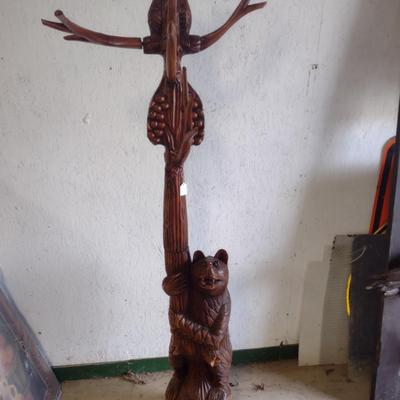 Black Forest Carved Wood Bear Themed Hall Tree Coat Stand