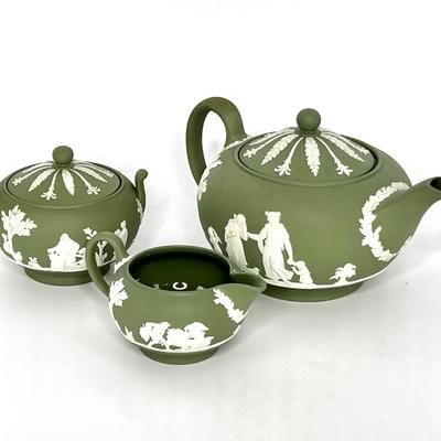 Vintage Wedgewood Green Jasperware Set - Sugar, Creamer, Teapot