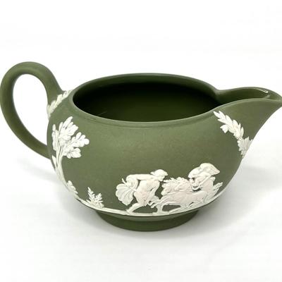 Vintage Wedgewood Green Jasperware Set - Sugar, Creamer, Teapot