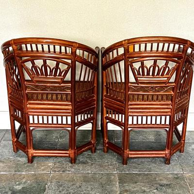 Set of 2 Vintage Chinese Chippendale Bamboo Rattan Cane Seat Chairs