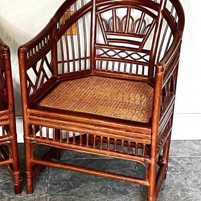 Set of 2 Vintage Chinese Chippendale Bamboo Rattan Cane Seat Chairs