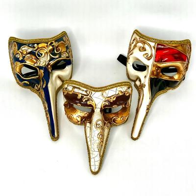 Set of 3 Ornate New Orleans Carnival Mardi Gras Venetian Tie Back Masks - Made in Italy