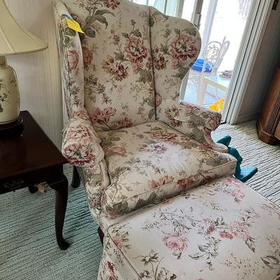 Chintz chair and foot stool