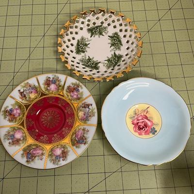 Multicolor Tea Cup & Saucer Set of 3: JKW Red China Courting Scenes Cup & Saucer Germany, NAPCO 3 Footed Fine Bone China Teacup and...