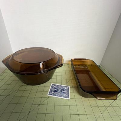 Dish Amber Casserole with lid & Anchor Hocking USA Bread Pan 1