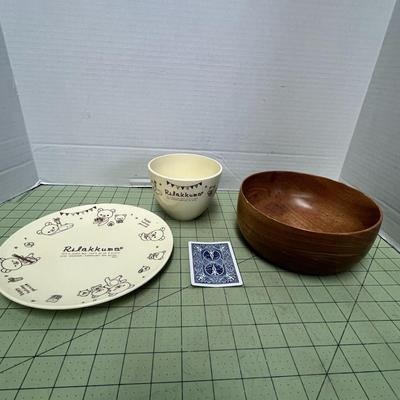 Hand crafted Sapele wooden bowl With Rilakkuma Plate and Bowl