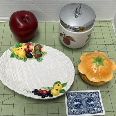 Ceramic Basket Weave Serving Dish, Faux Apple, & Canisters