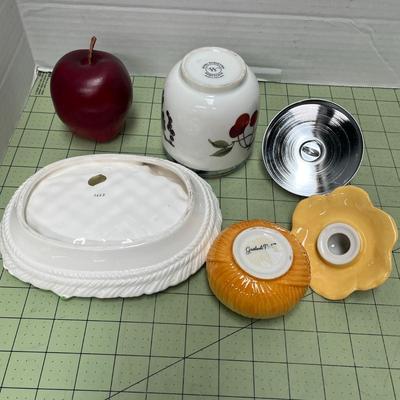 Ceramic Basket Weave Serving Dish, Faux Apple, & Canisters
