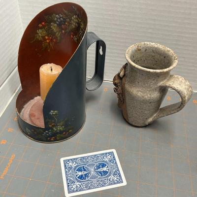 Rustic Candlestick Holder, Vintage Lantern, Ceramic Funny Face Vase, Vintage Wooden Coin Box
