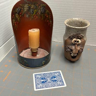 Rustic Candlestick Holder, Vintage Lantern, Ceramic Funny Face Vase, Vintage Wooden Coin Box