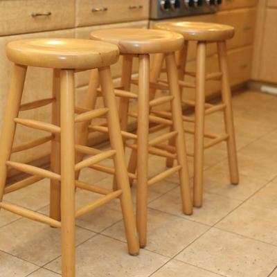 Three Solid Wood Bar Stools (3)