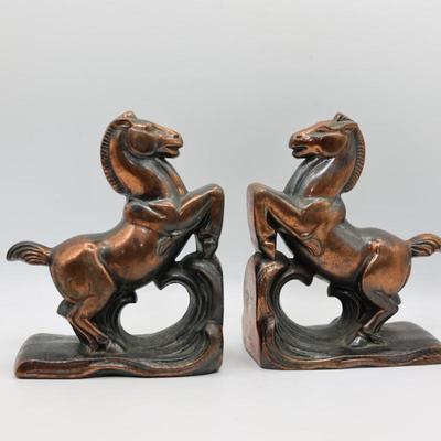 Vintage Bronze Metal Prancing Horses Bookends - Set of Two (2)