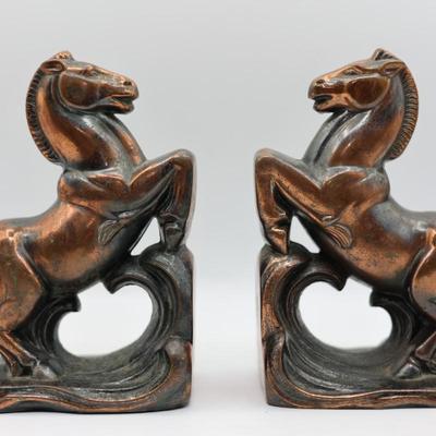 Vintage Bronze Metal Prancing Horses Bookends - Set of Two (2)