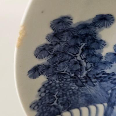 Sale Photo Thumbnail #35: good but nibbled condition, expected for a 200 year old plate, estimated early 1800s. Similar plates are in museums. Handpainted with a large spiraling Mt Fuji in background with marks seen - early Japanese