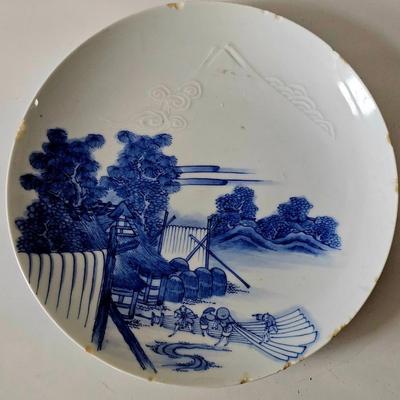 Sale Photo Thumbnail #34: good but nibbled condition, expected for a 200 year old plate, estimated early 1800s. Similar plates are in museums. Handpainted with a large spiraling Mt Fuji in background with marks seen - early Japanese