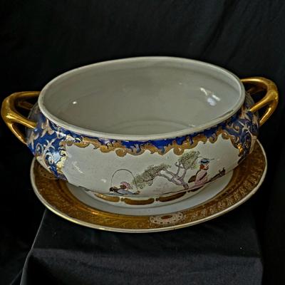 Sale Photo Thumbnail #246: Blue and gold large bowl and tureen with lid, gold leaf details, very old hand-ptained set with dogs and pastoral motifs